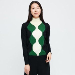 Marimekko Uniqlo Womens Sweater XXL Black Wool Turtleneck Retro Wavy NWT